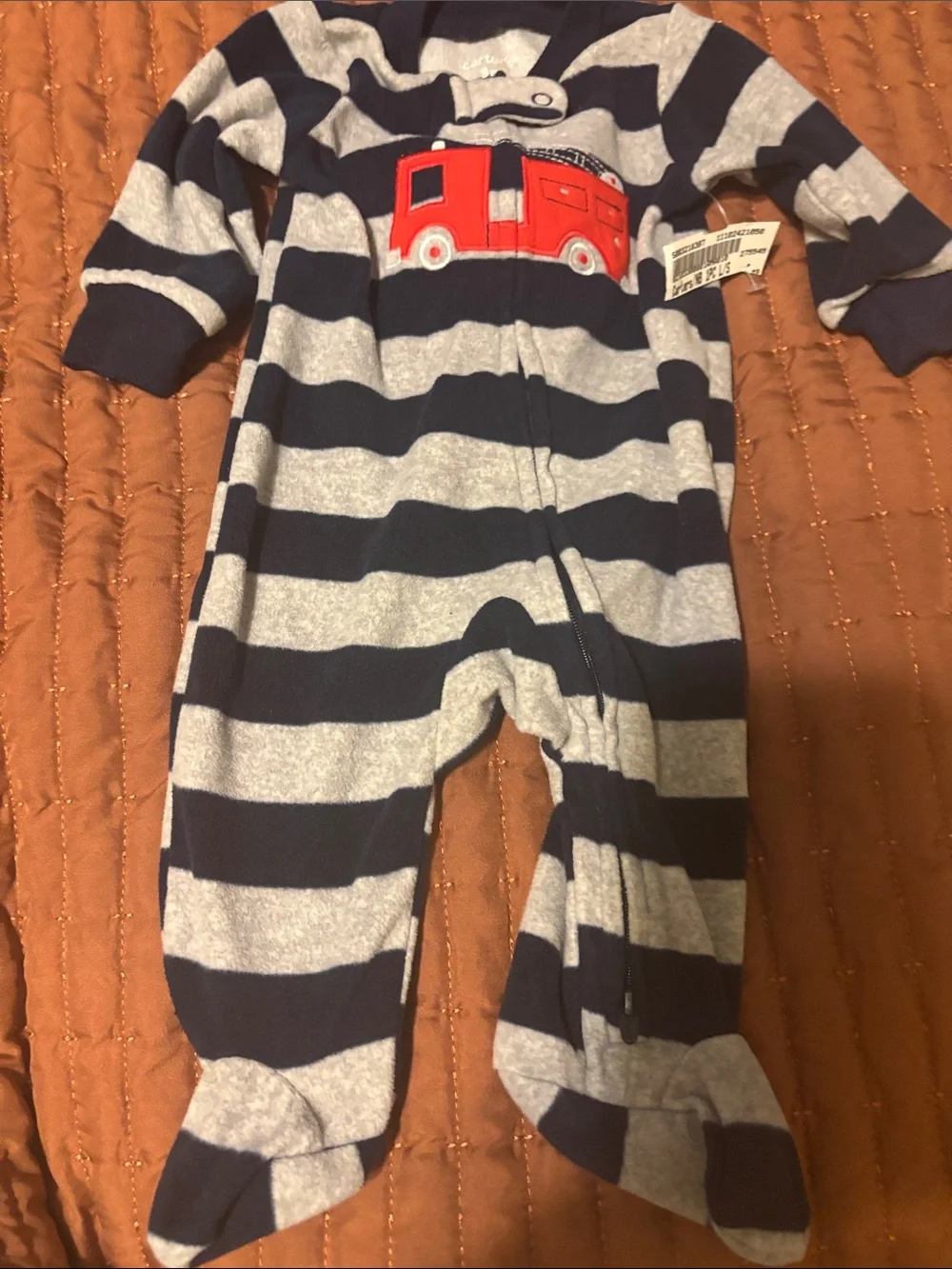 Carter's Navy & Gray Striped Footed One-Piece with Red Fire Truck